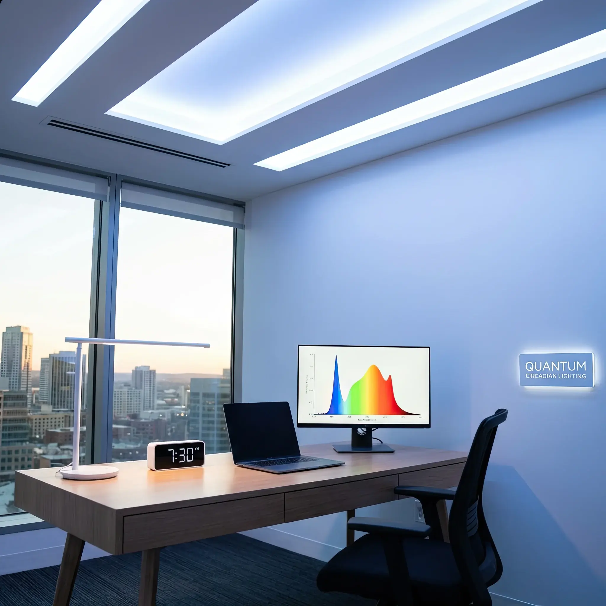 Архитектура и дизайн: Стойка приемная под потоком высокочастотного 'квантового' света, который меняет свои характеристики в зависимости от времени суток