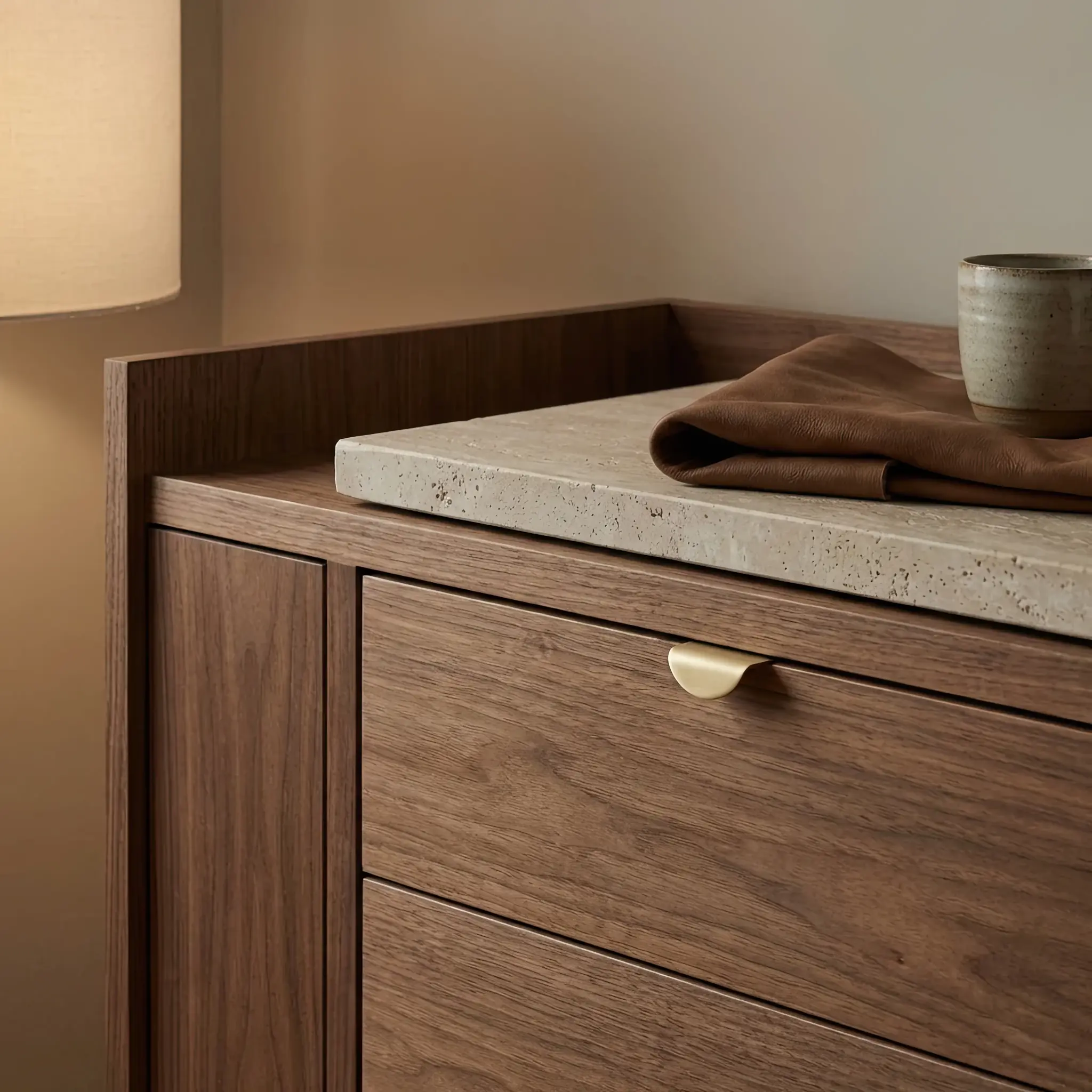 Interior detail: Detail of natural wood and polished metal jointing with micron-level precision