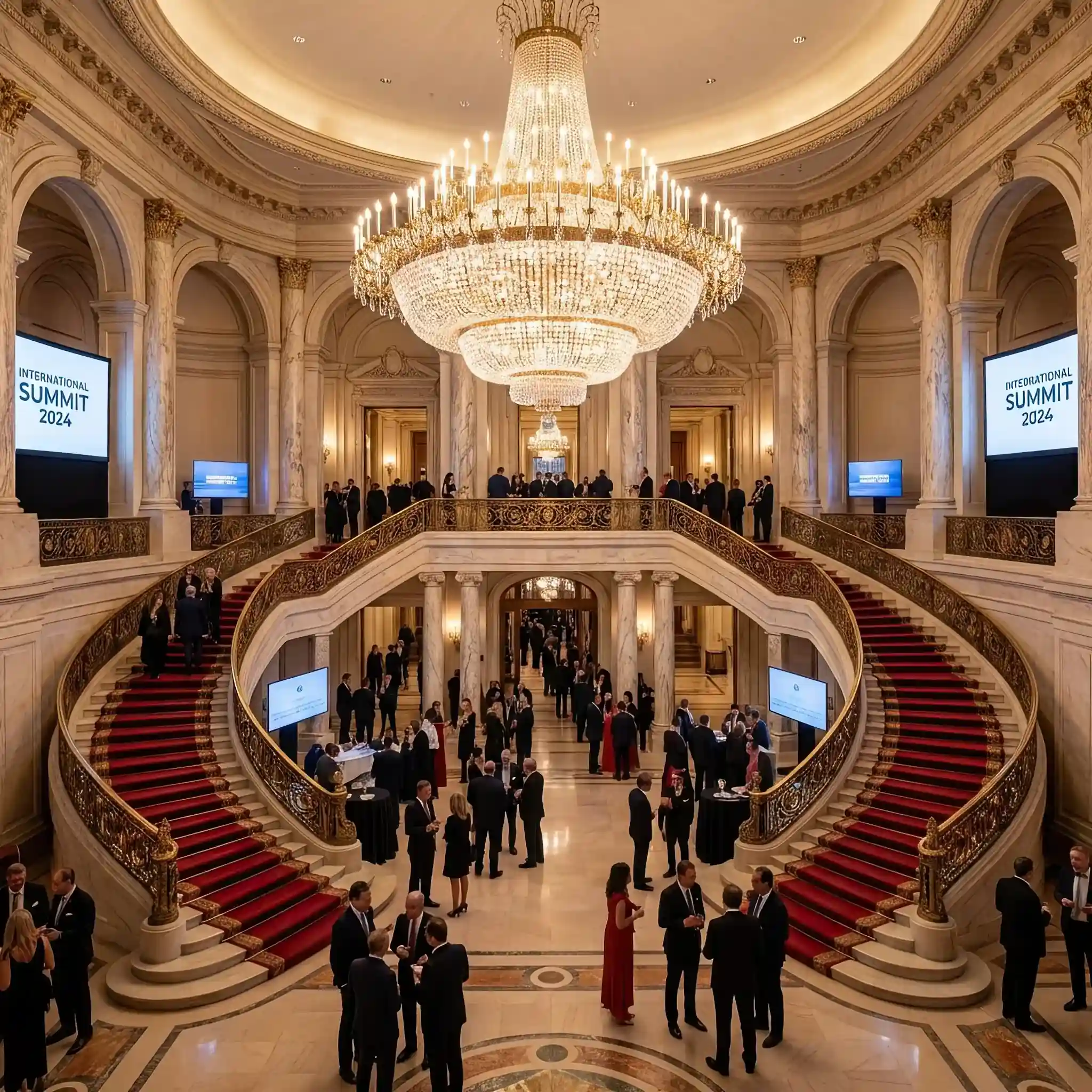 Архитектура и дизайн: Грандиозный приемная-холл с высокими потолками, хрустальными люстрами и золотой отделкой