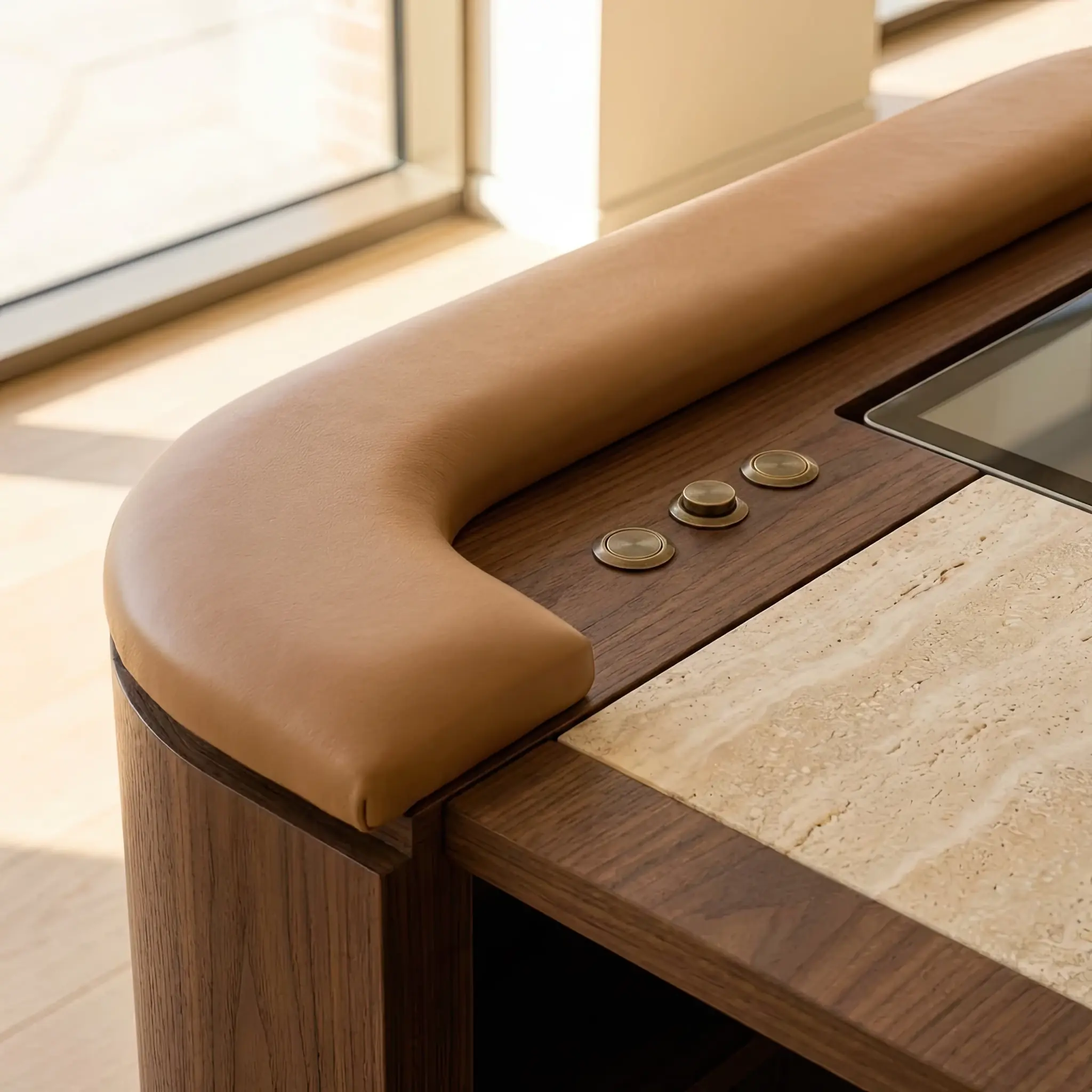 Interior detail: Top view of an organized administrator workstation with reach zones