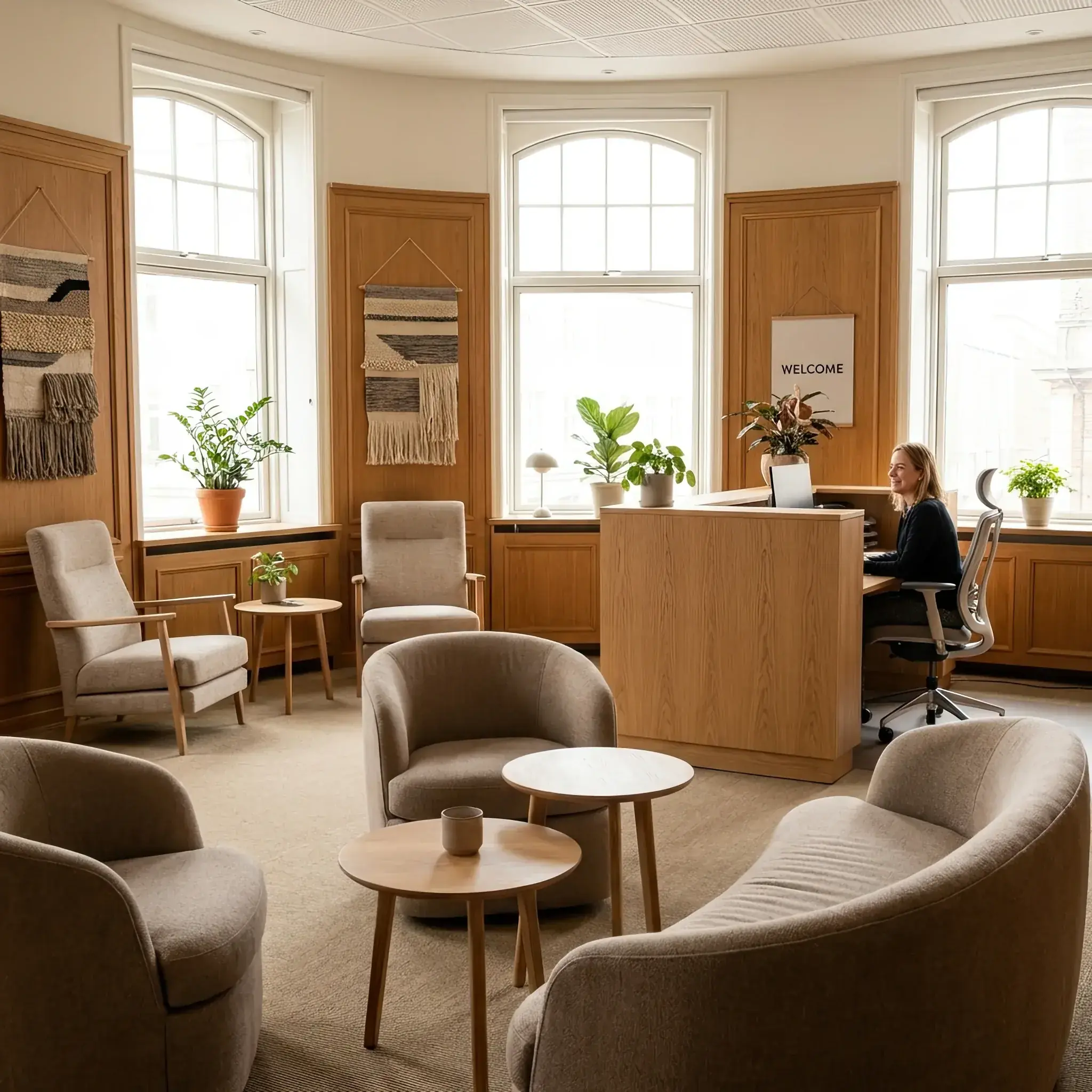 Архитектура и дизайн: Администратор за идеально организованным рабочим местом стойка регистрации, улыбающийся гостю