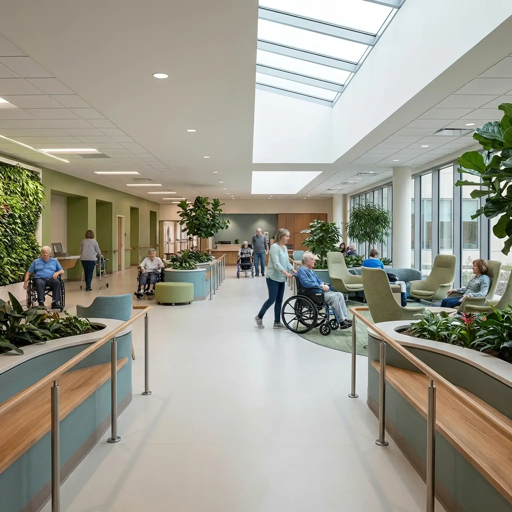 Архитектура и дизайн: Просторное вестибюль реабилитационного центра с пандусами, широкими проходами и вдохновляющими цитатами на стенах