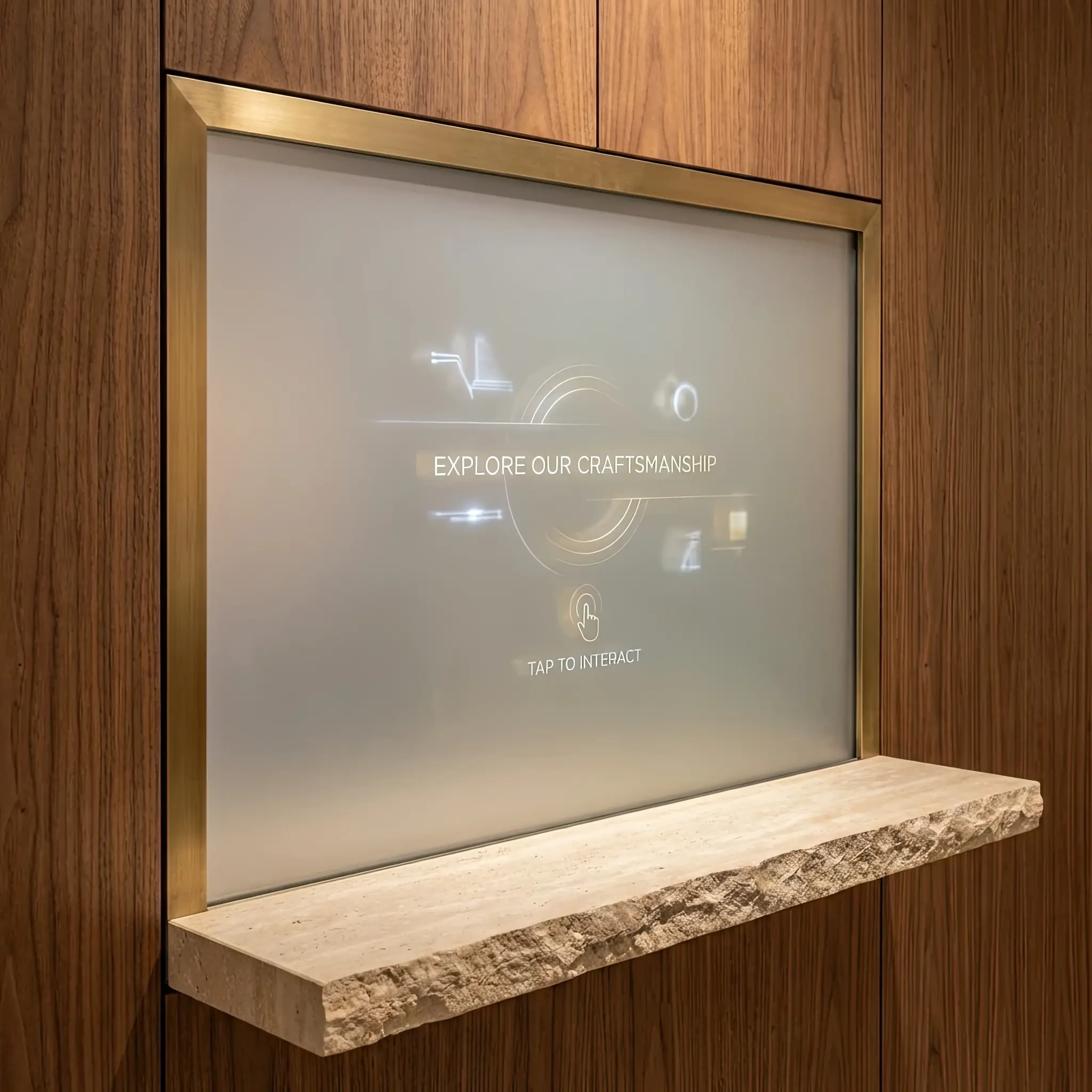 Interior detail: Reception desk facade utilizing textured fabric and light elements