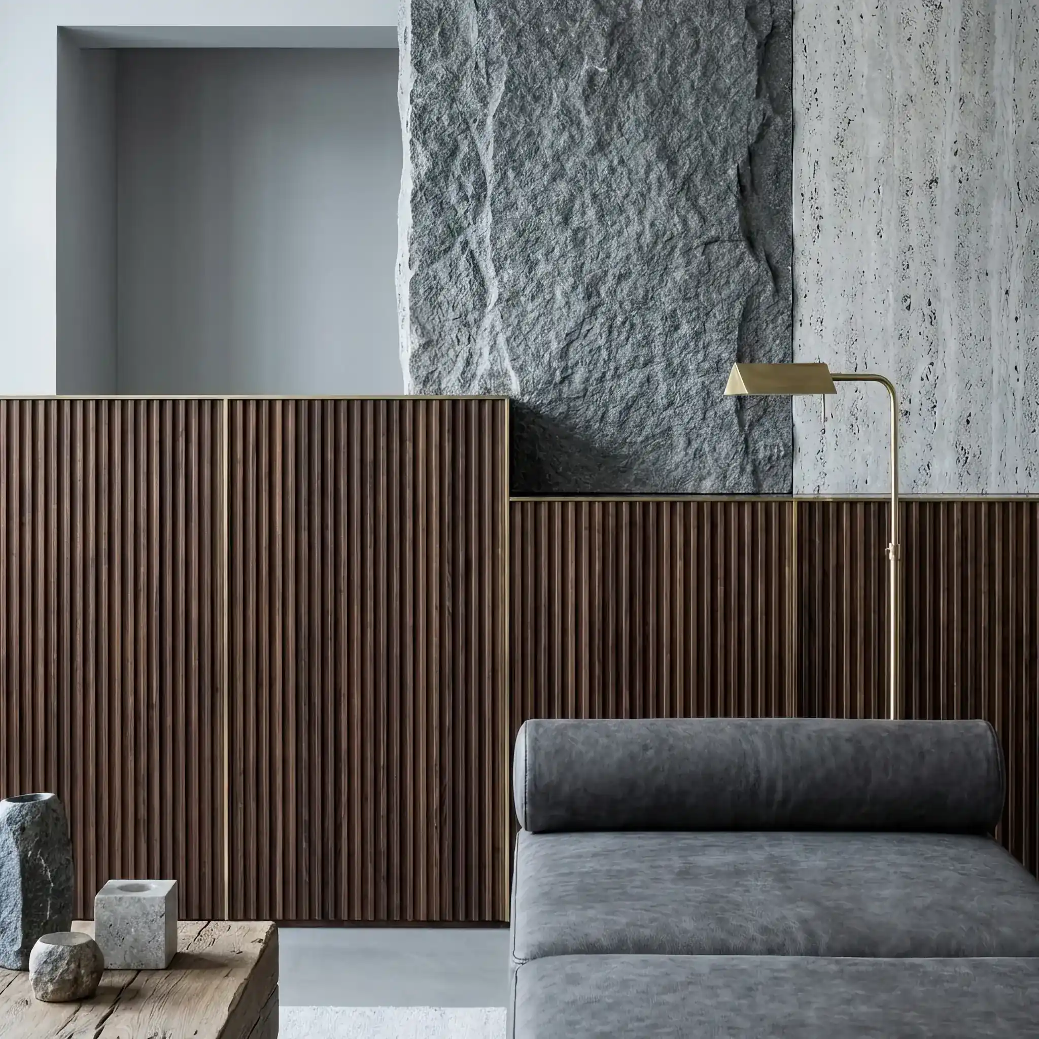 Interior detail: Infrared shot of a warm stone bench in the lobby