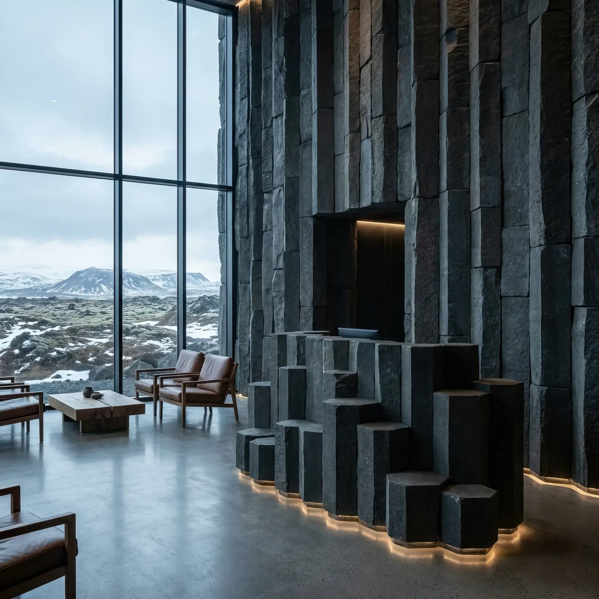 Архитектура и дизайн: Стойка приемная, сложенная из шестигранных базальтовых колонн, с подсветкой, имитирующей лаву