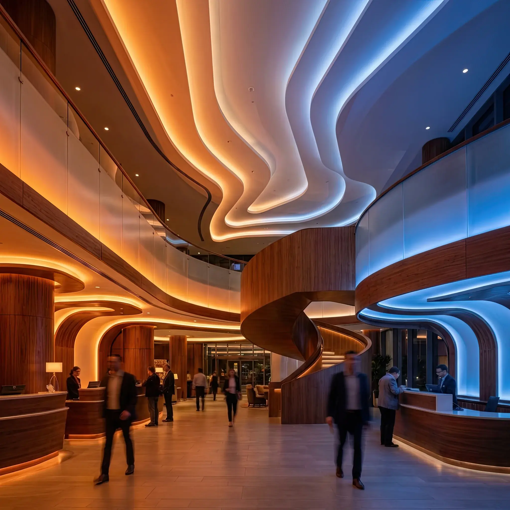 Архитектура и дизайн: Стойка приемная с плавно меняющимся градиентом подсветки от теплого оранжевого к глубокому синему