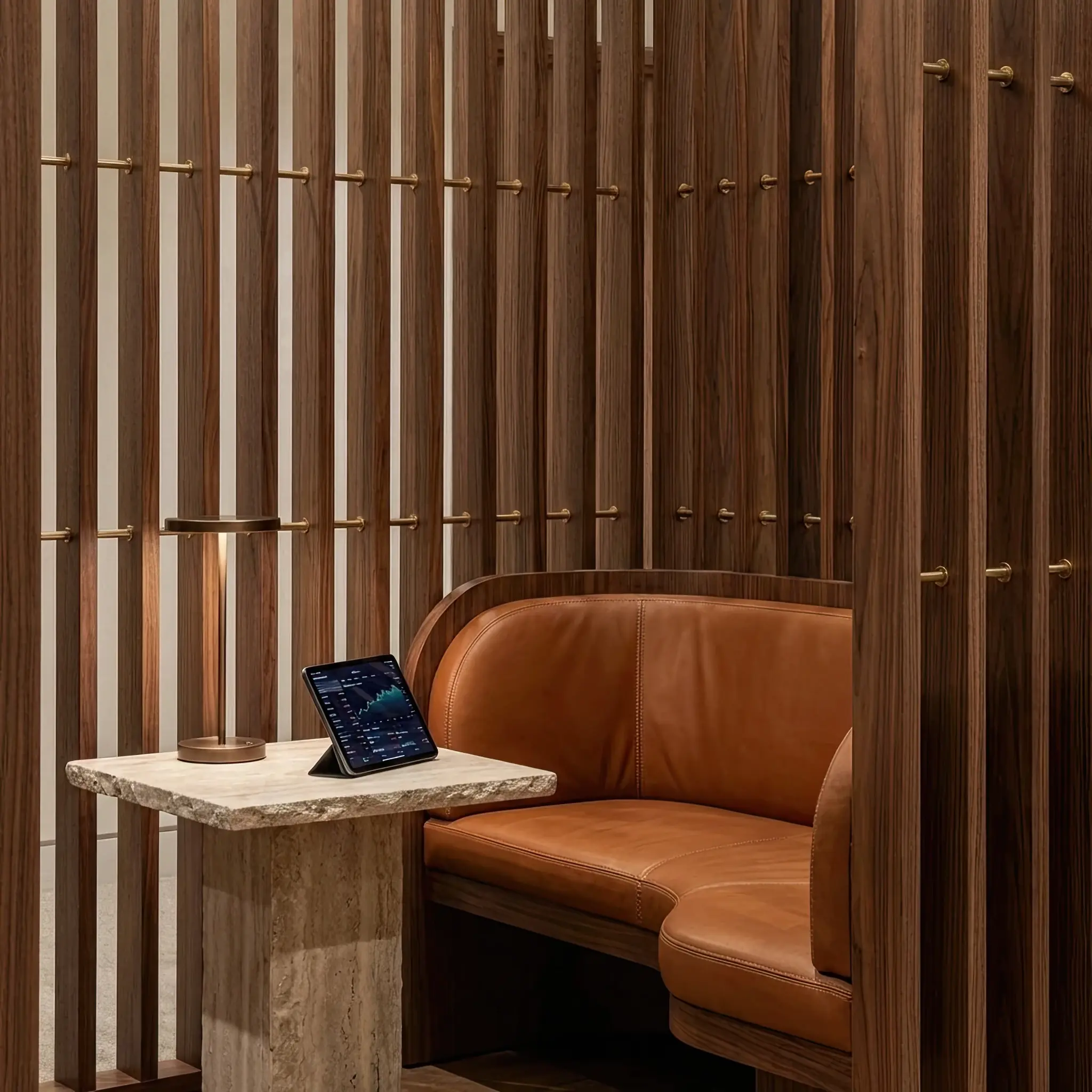 Interior detail: Individual screen with portfolio data on the reception desk