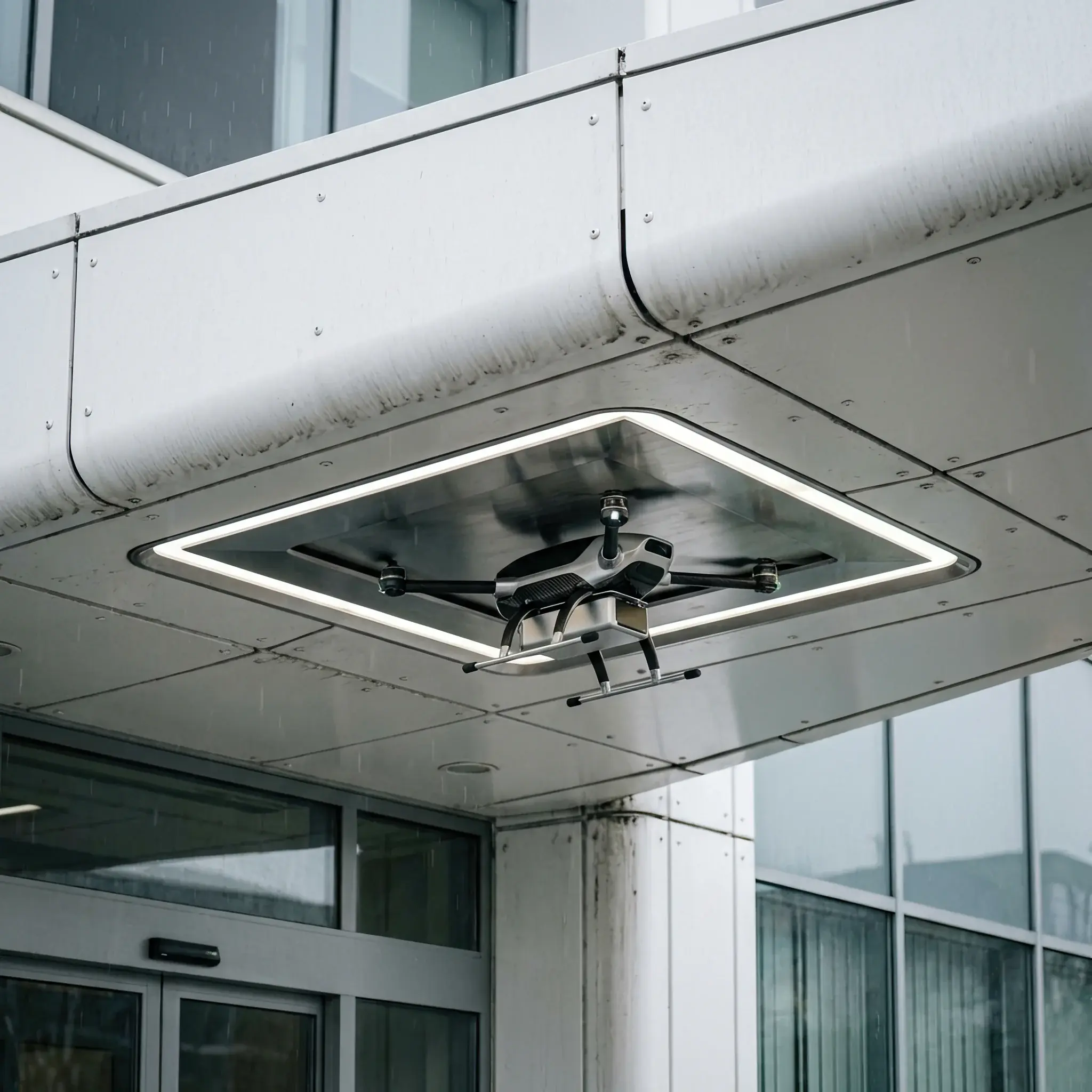 Interior detail: Schematic of drone landing pad integration into the entrance group's architecture