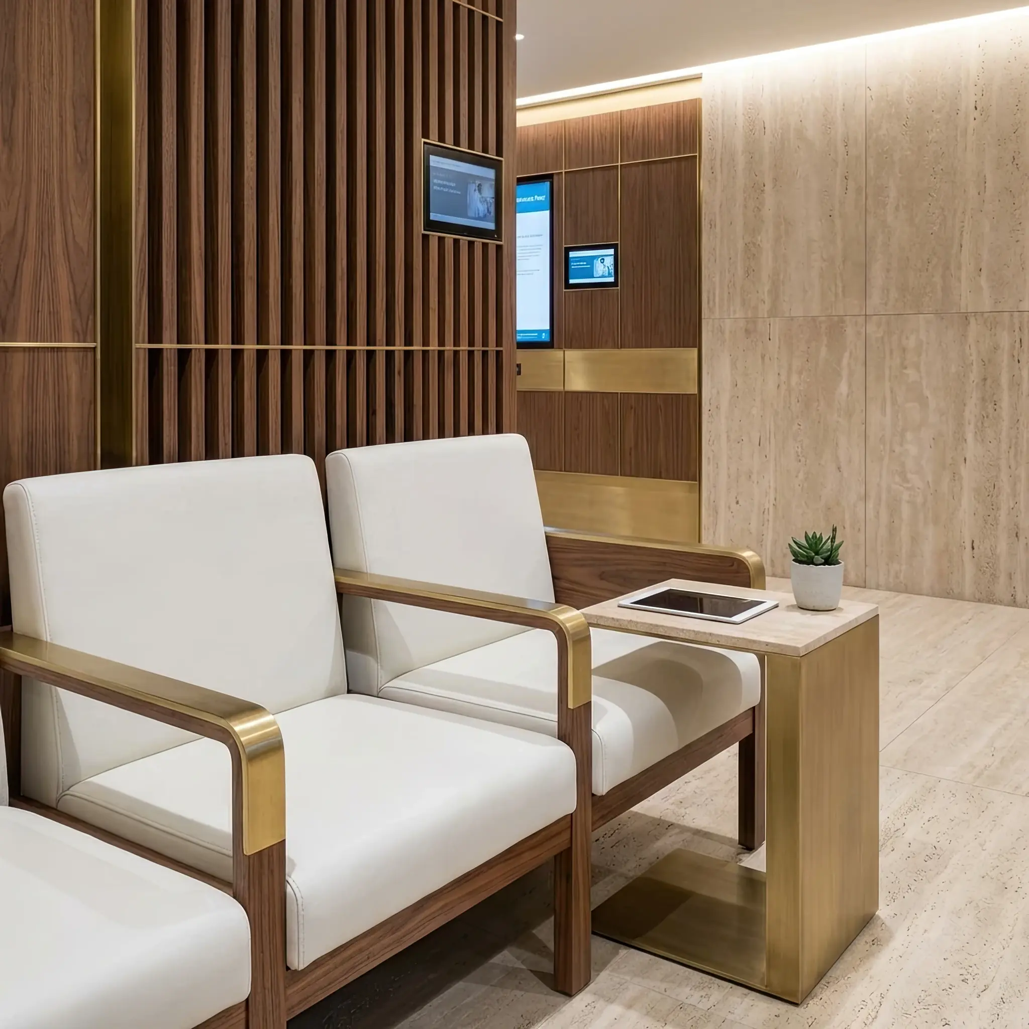 Interior detail: Light geometry in the hall: floor and ceiling lines converging at the reception