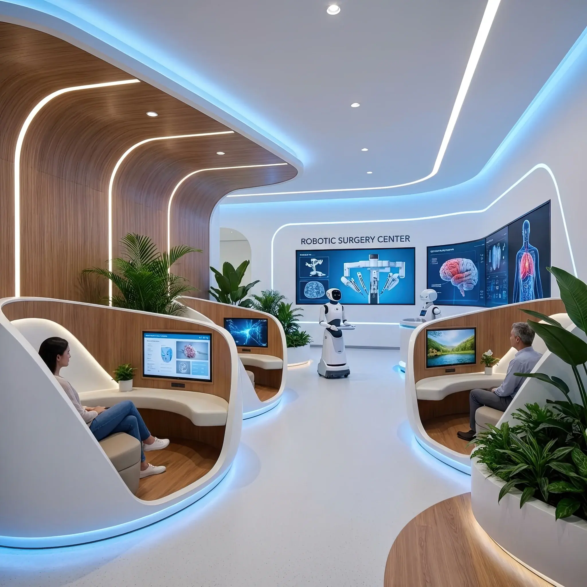 Архитектура и дизайн: Стерильный, высокотехнологичный холл с выставленным за стеклом хирургическим роботом и металлической стойкой