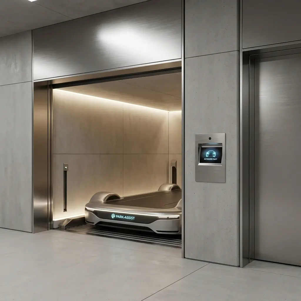 Interior detail: Multi-level robotic racking parking system visible through a glass lobby floor panel