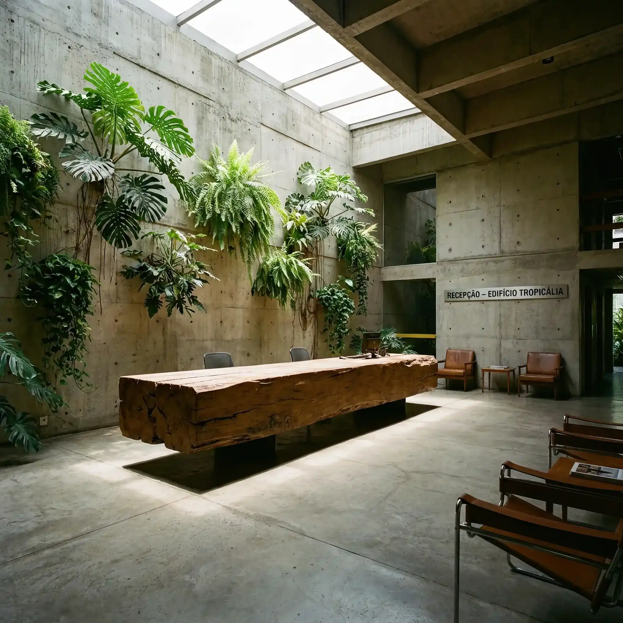 Архитектура и дизайн: Монументальный бетонный приемная в Сан-Паулу, утопающий в огромных листьях монстеры и папоротников