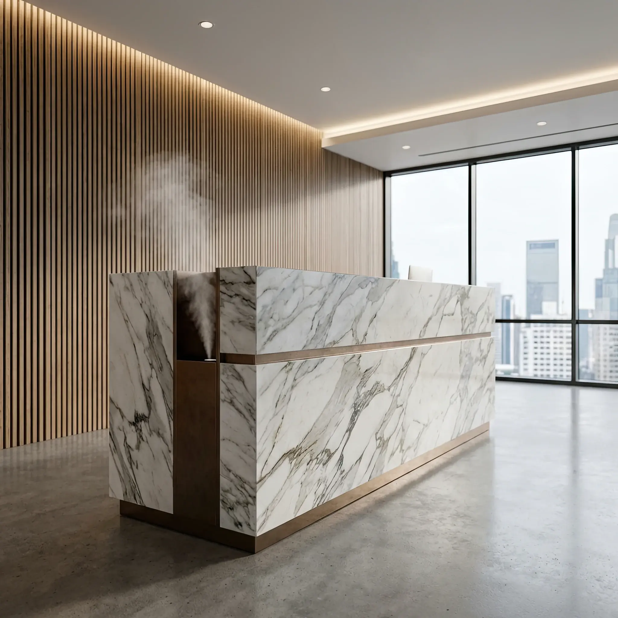 Архитектура и дизайн: Стильный диффузор, интегрированный в мраморную стойку приемная, выпускающий тонкую струю холодного пара
