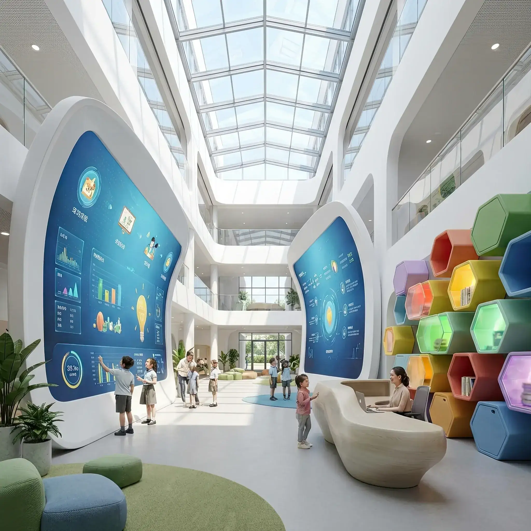 Архитектура и дизайн: Яркий и дружелюбный приемная современной частной школы с использованием натурального дерева и интерактивных панелей