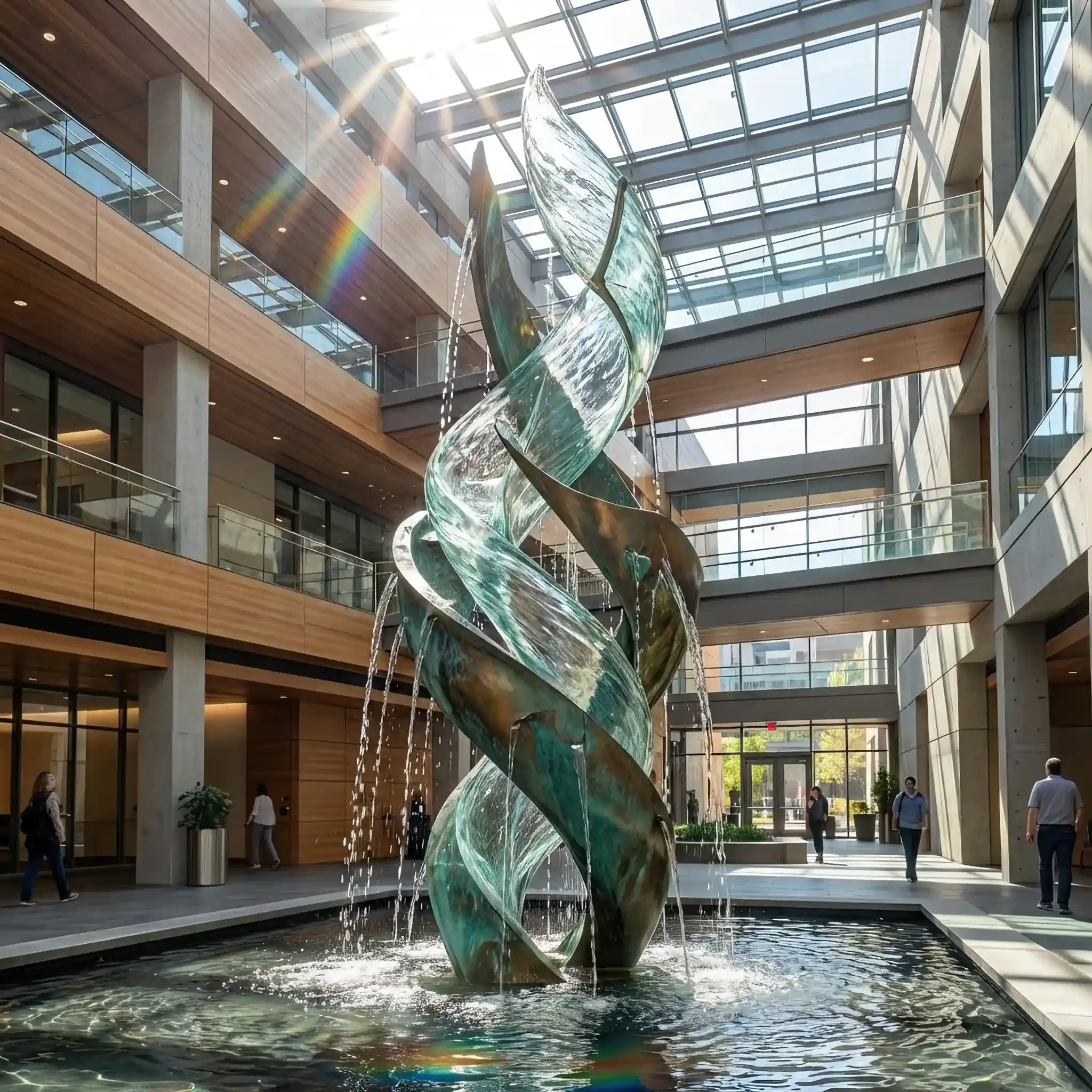 Архитектура и дизайн: В центре футуристического вестибюль каскад воды стекает по стеклянной скульптуре, при этом объект не подключен к водопроводу, создавая воду буквально из воздуха
