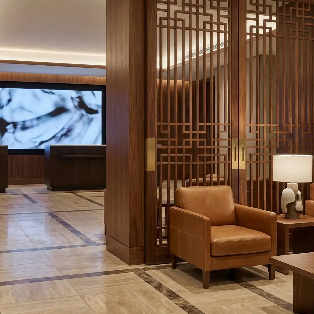 Interior detail: Minimalist white lobby filled with AR navigation visible through smart glasses