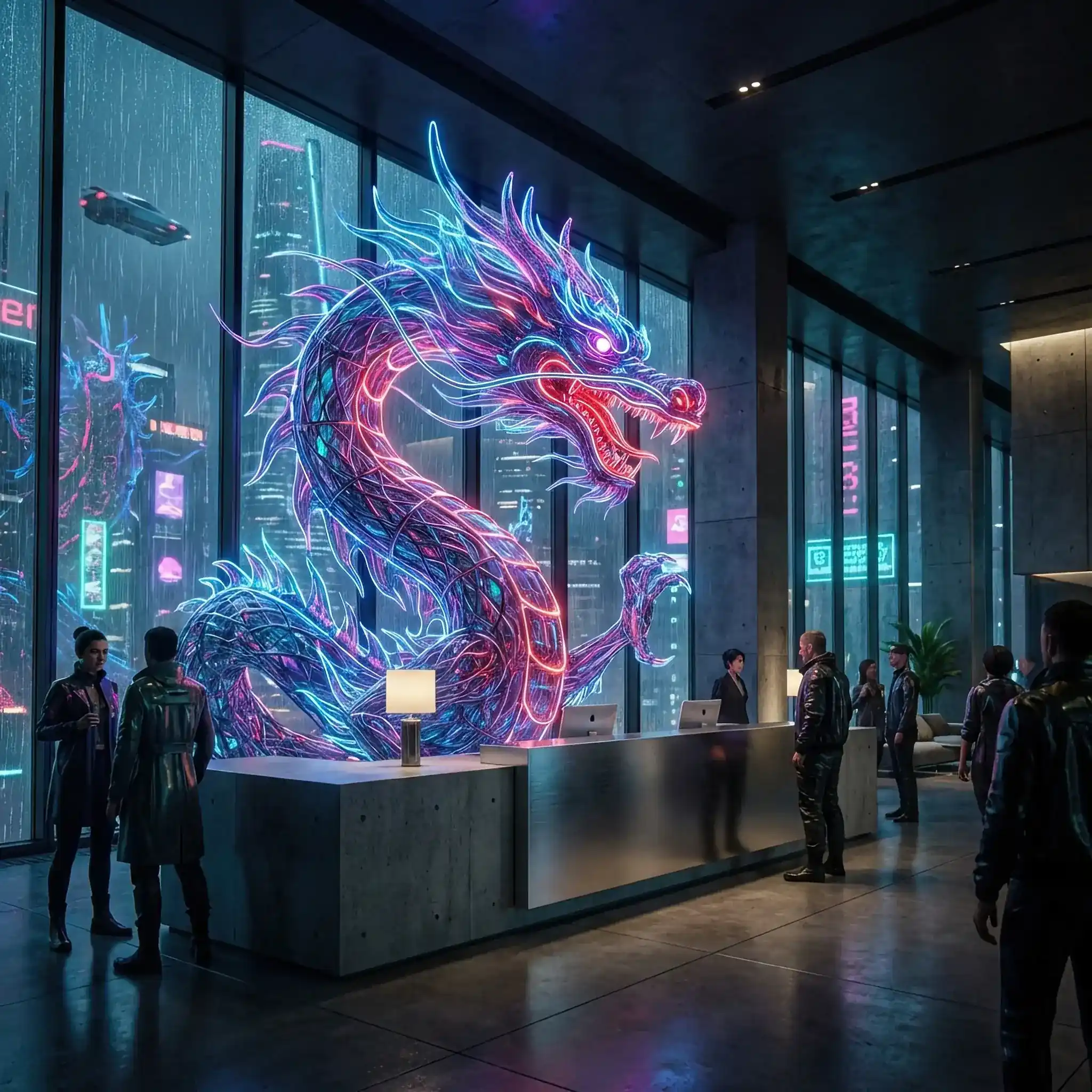 Архитектура и дизайн: Футуристичный холл небоскреба в Пудуне: красный лаковый приемная, окруженный голографическими экранами