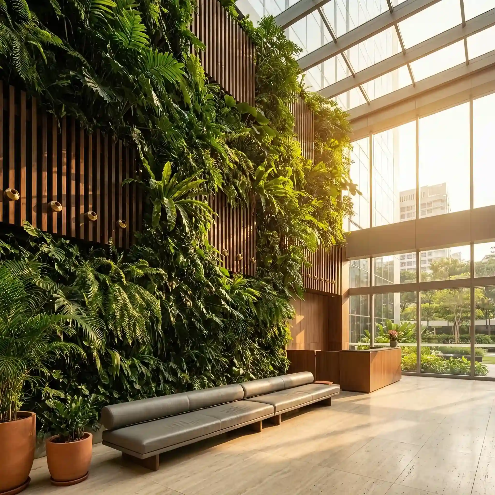 Interior waterfall in the lobby, integrated into the entrance group architecture