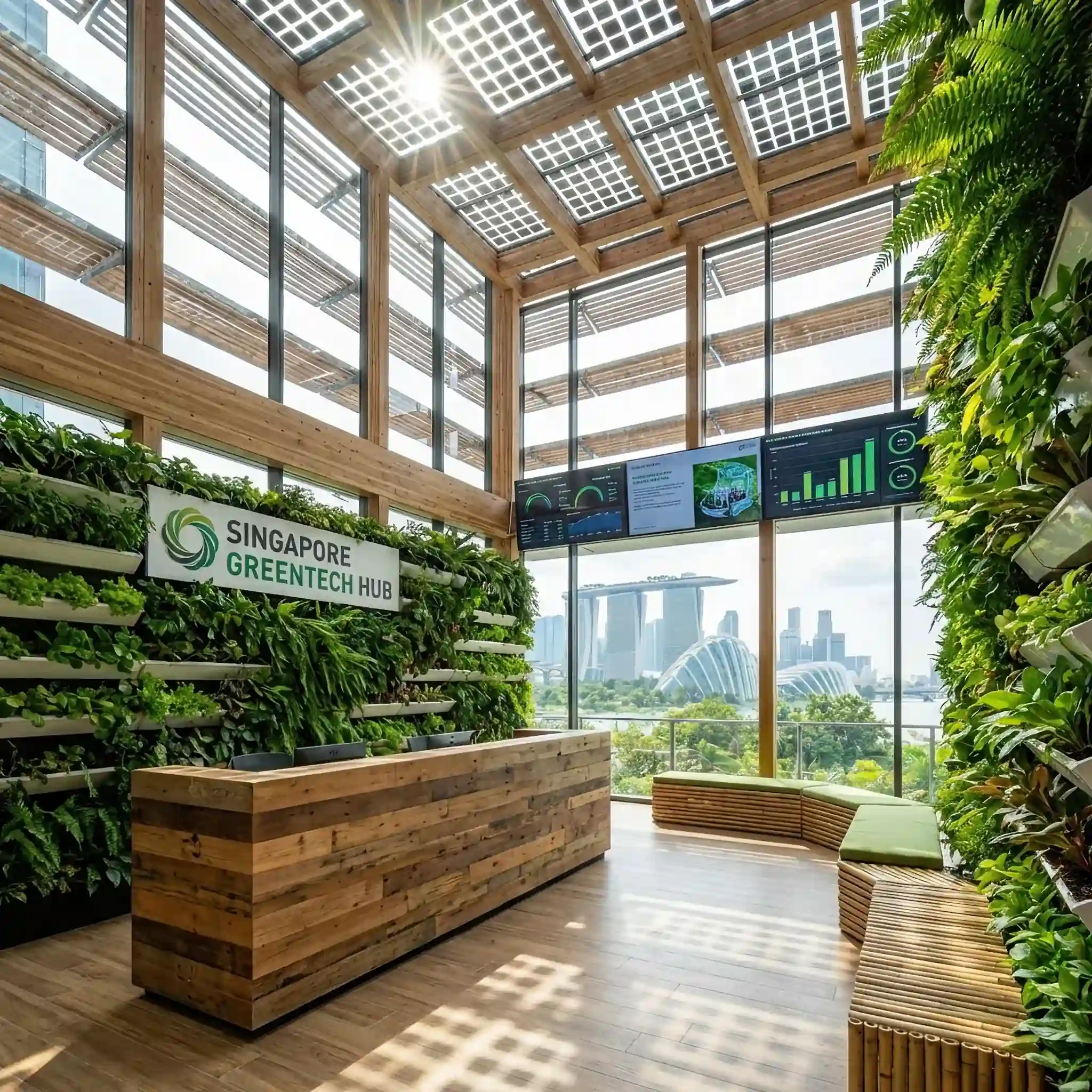 Архитектура и дизайн: Приемная в Сингапуре с использованием вертикального озеленения и панелей из переработанного алюминия