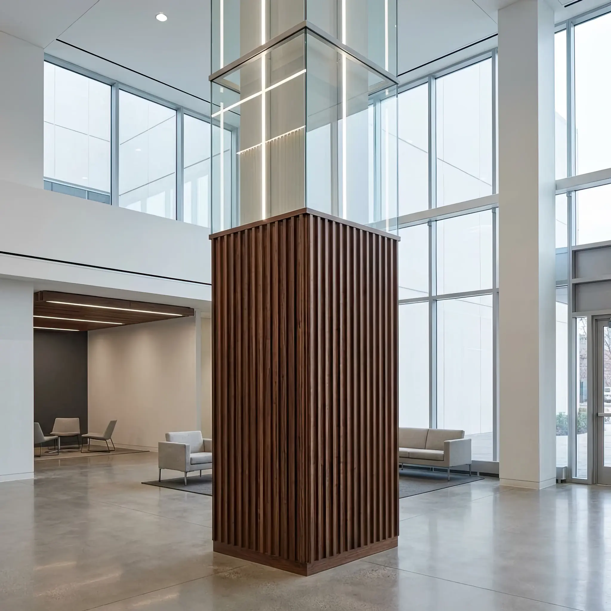 Архитектура и дизайн: Обнаженный фрагмент несущей колонны вестибюль из углеволокна со светящимися индикаторами состояния