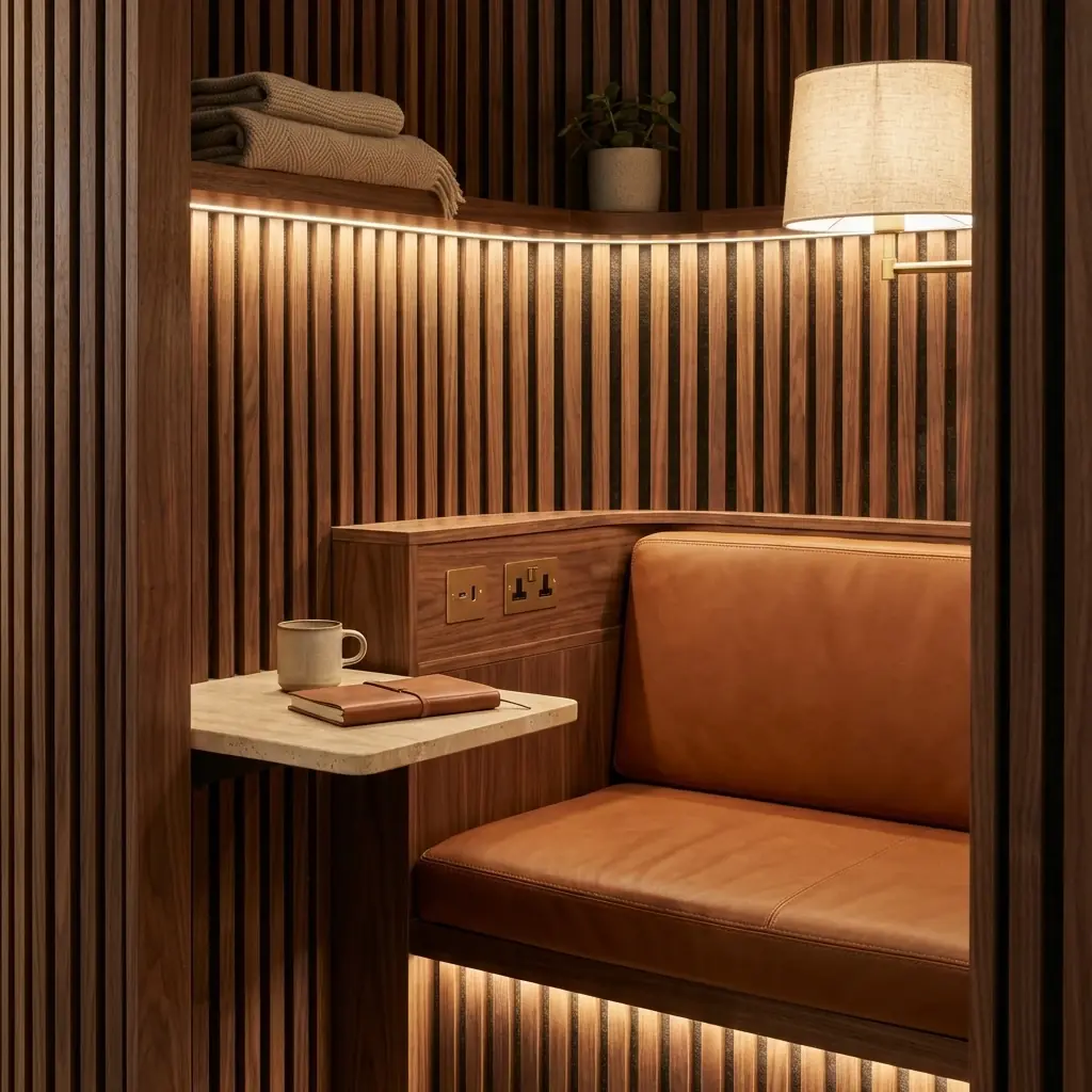 Interior detail: The interior of a smart pod with touch controls and an ergonomic chair