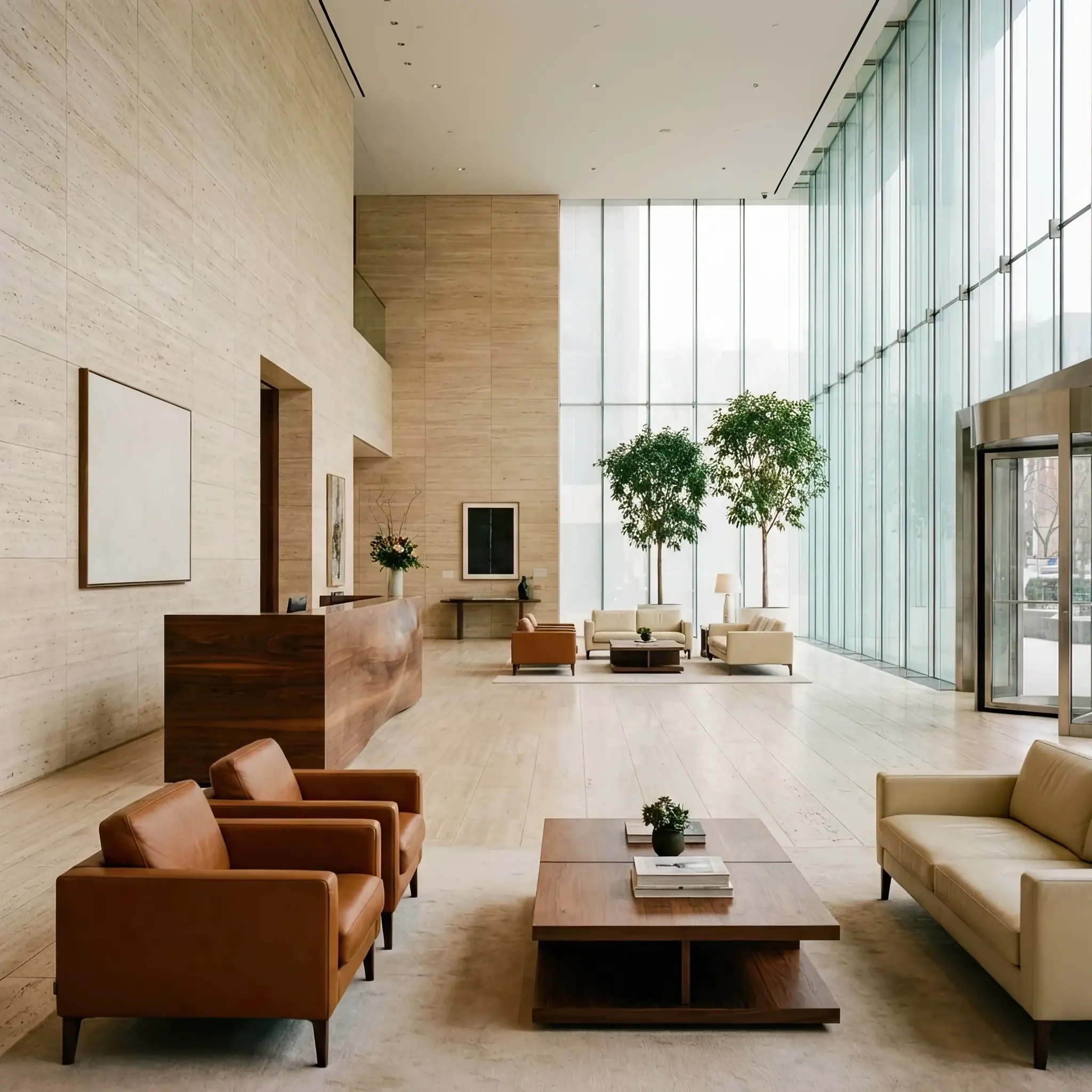 Архитектура и дизайн: Минималистичное вестибюль с волнистыми акустическими панелями на потолке и скрытыми динамиками