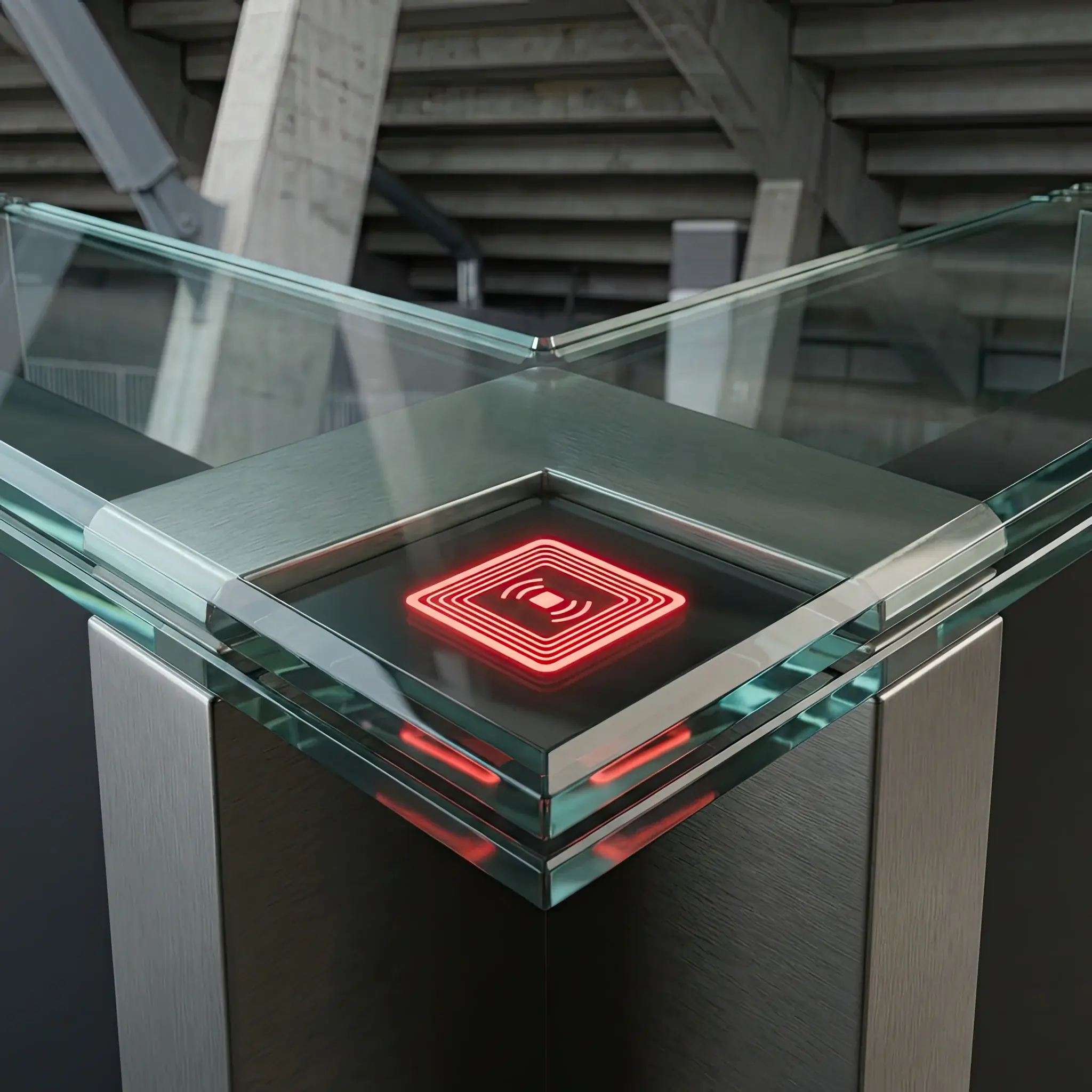 Interior detail: Anti-vandal coated stainless steel facade mounting node