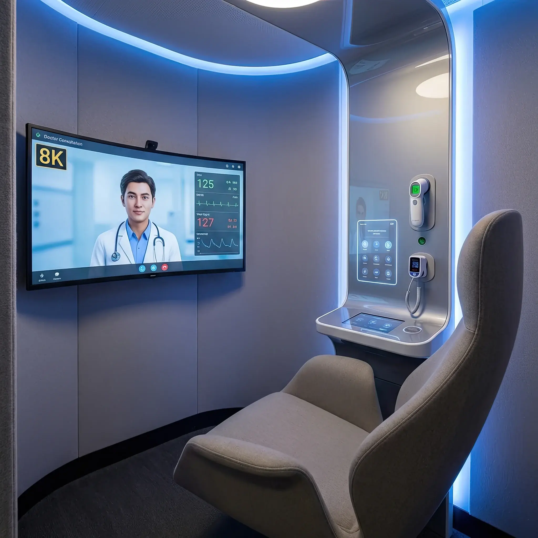 Interior detail: Telemedicine pod interior: screen, diagnostic tools, and ergonomic chair