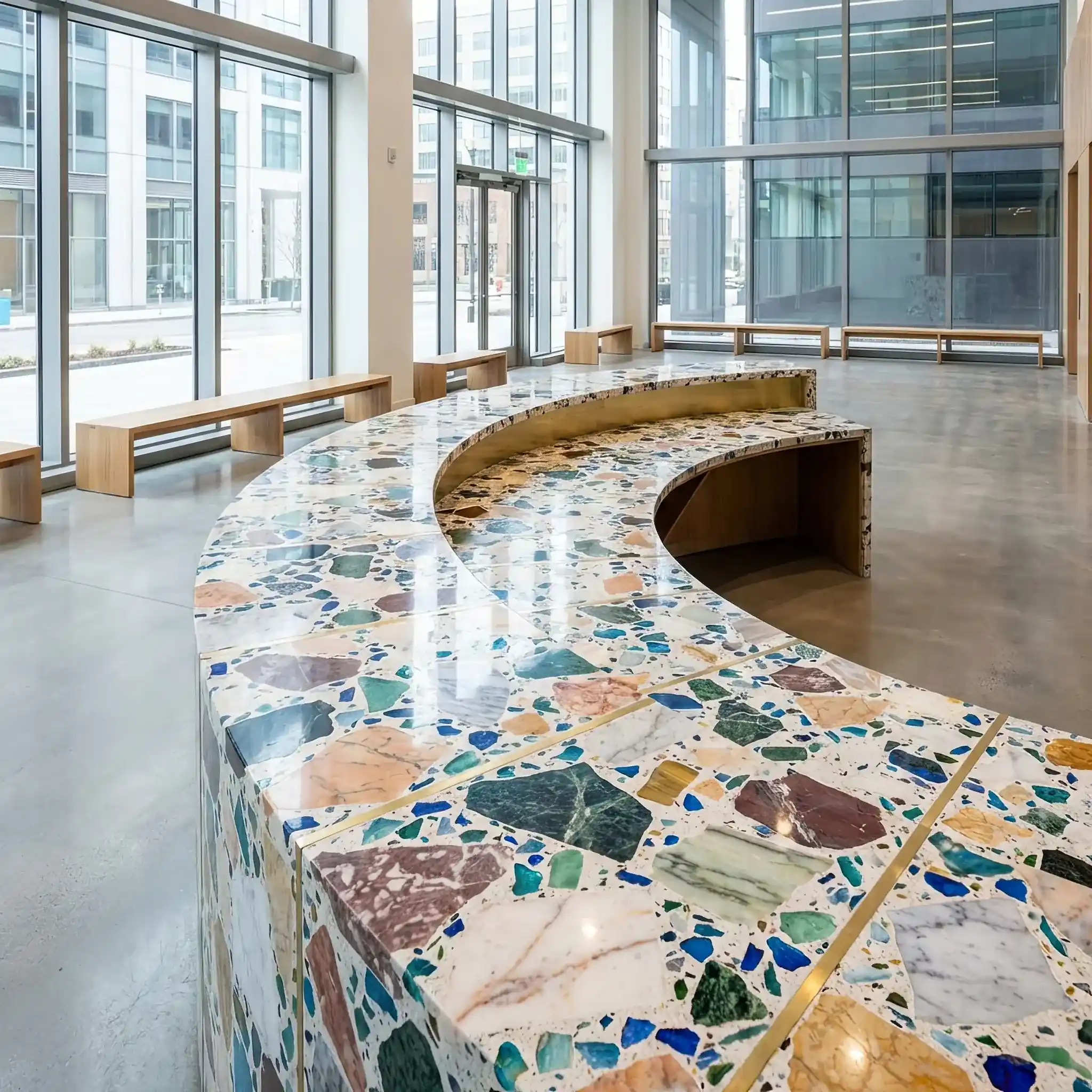 Архитектура и дизайн: Современное вестибюль с бесшовным полом и стойкой приемная из уникального терраццо с вкраплениями цветного мрамора