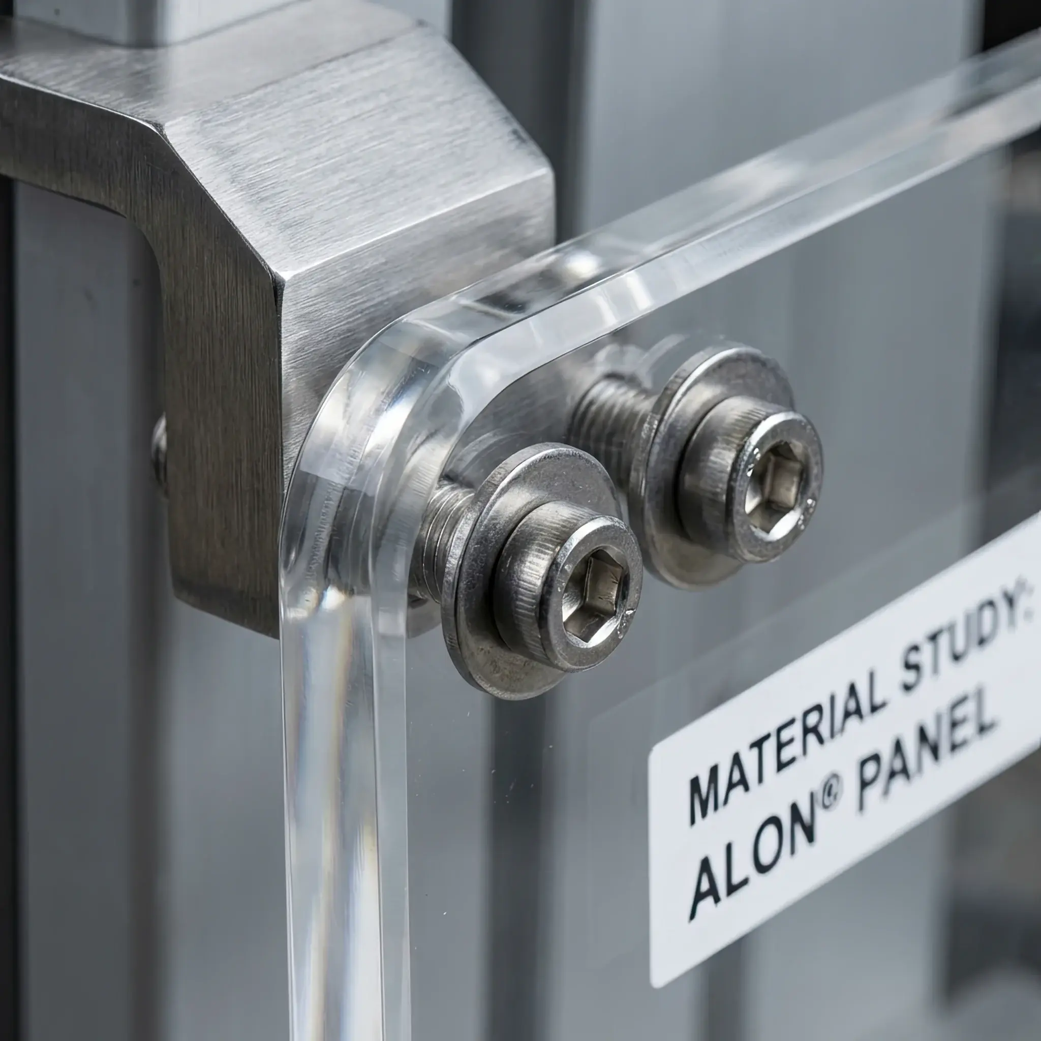 Interior detail: Demonstration comparing ordinary bulletproof glass thickness and ultra-thin ALON panels