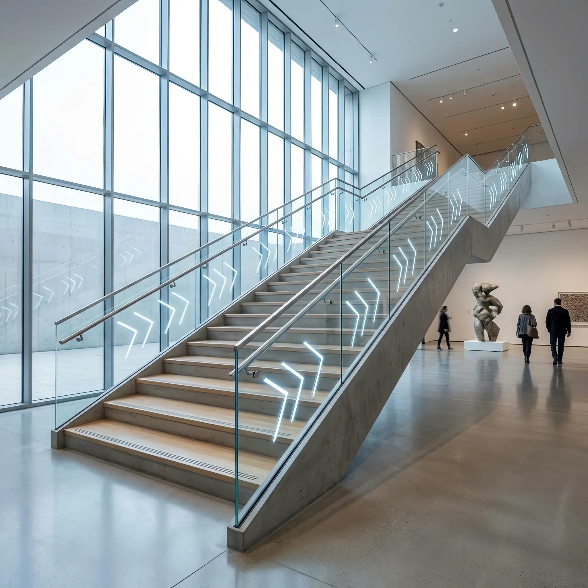 Архитектура и дизайн: Прозрачные стеклянные перила лестницы в вестибюль отображают динамическую световую разметку и информацию о ближайших этажах