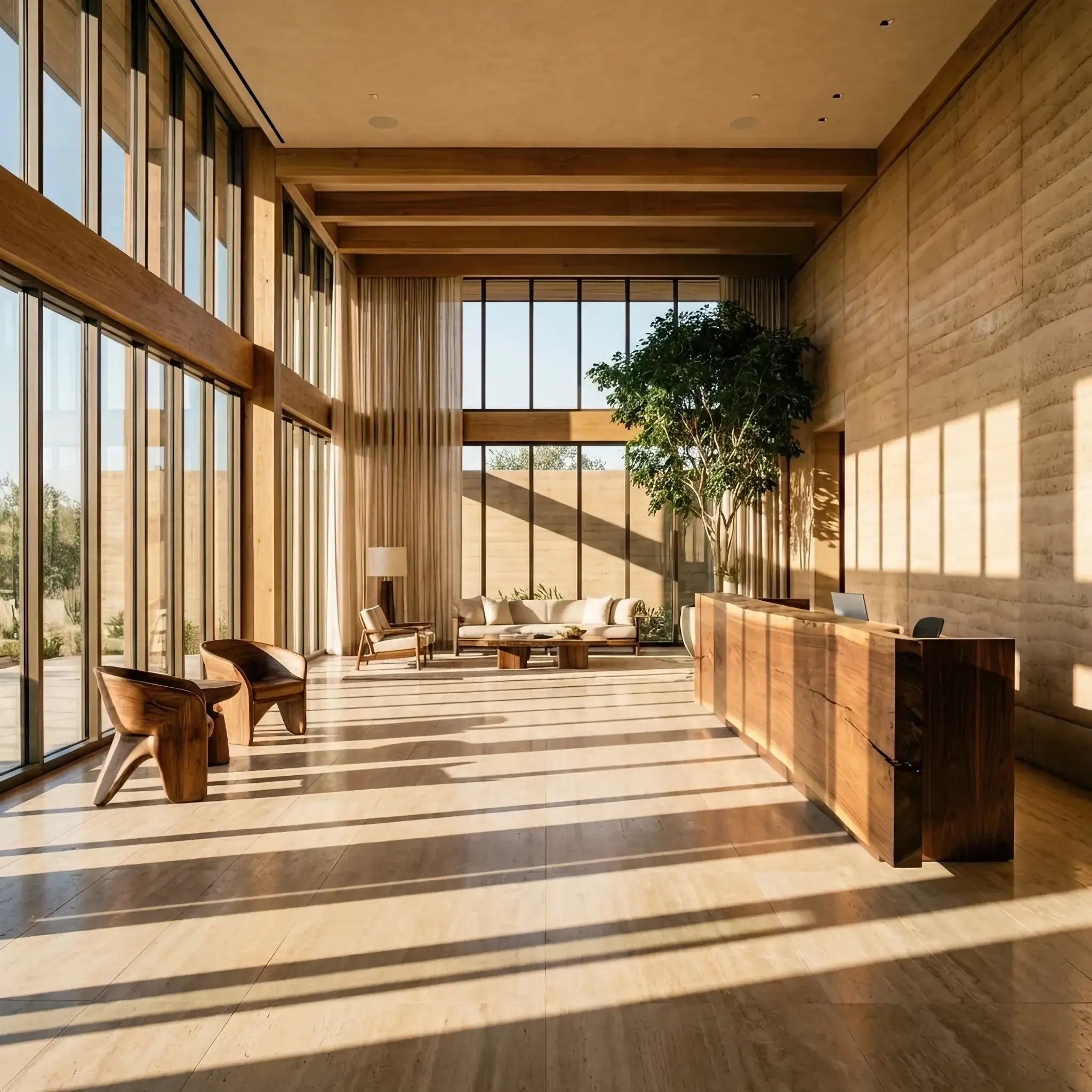 Архитектура и дизайн: Стена в вестибюль, которая выглядит как монолитный полированный камень, внезапно 'оживает' яркими, запредельно насыщенными цветами, отображая меняющиеся цифровые узоры