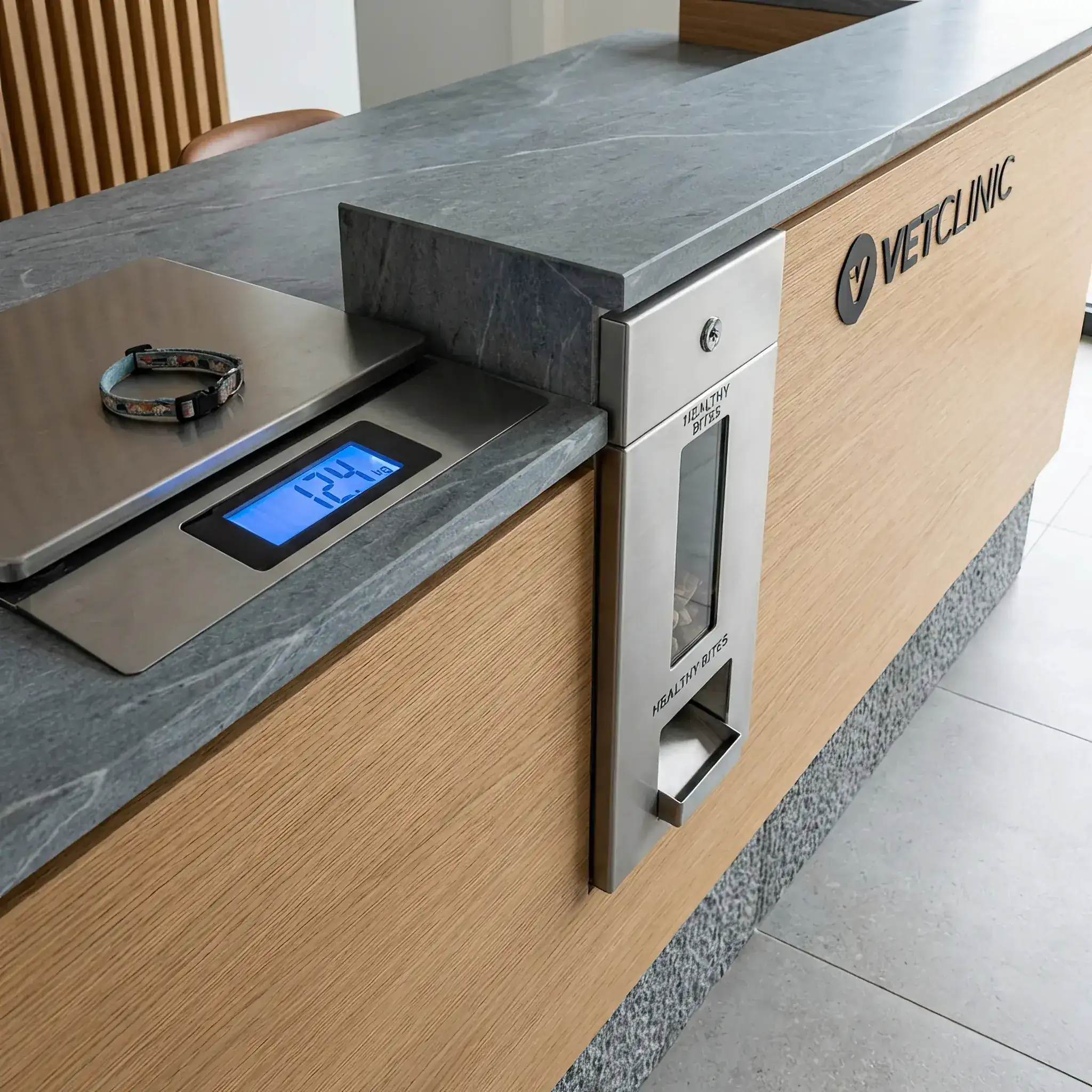 Interior detail: Material diagram: waterproof floor, washable walls, and metal furniture