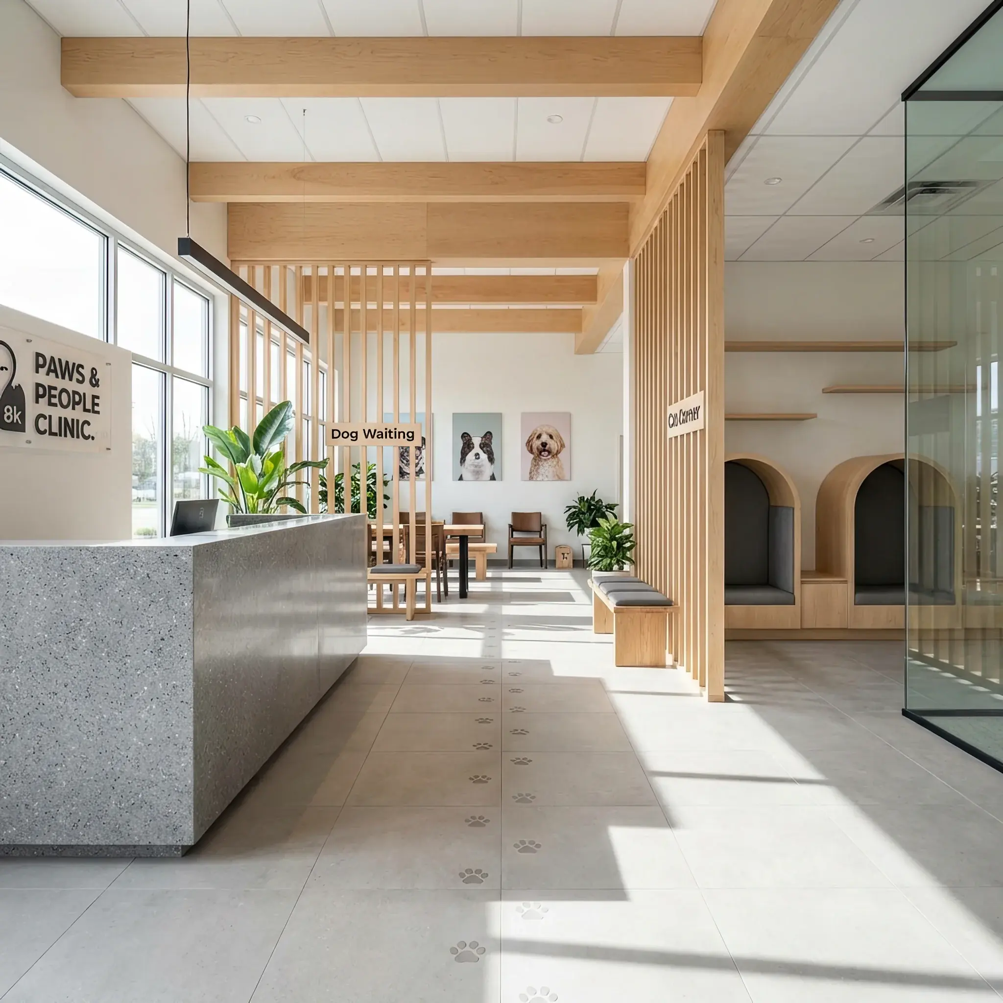 Архитектура и дизайн: Вестибюль ветклиники с раздельной зоной ожидания для собак и кошек, удобными пандусами и износостойкими полами