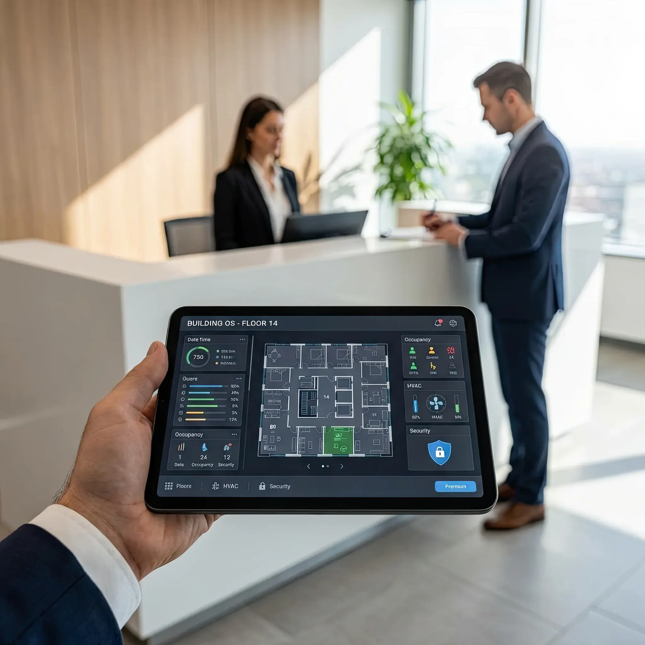 Interior detail: Scheme of interaction between administrator, guest, and IT systems at the reception