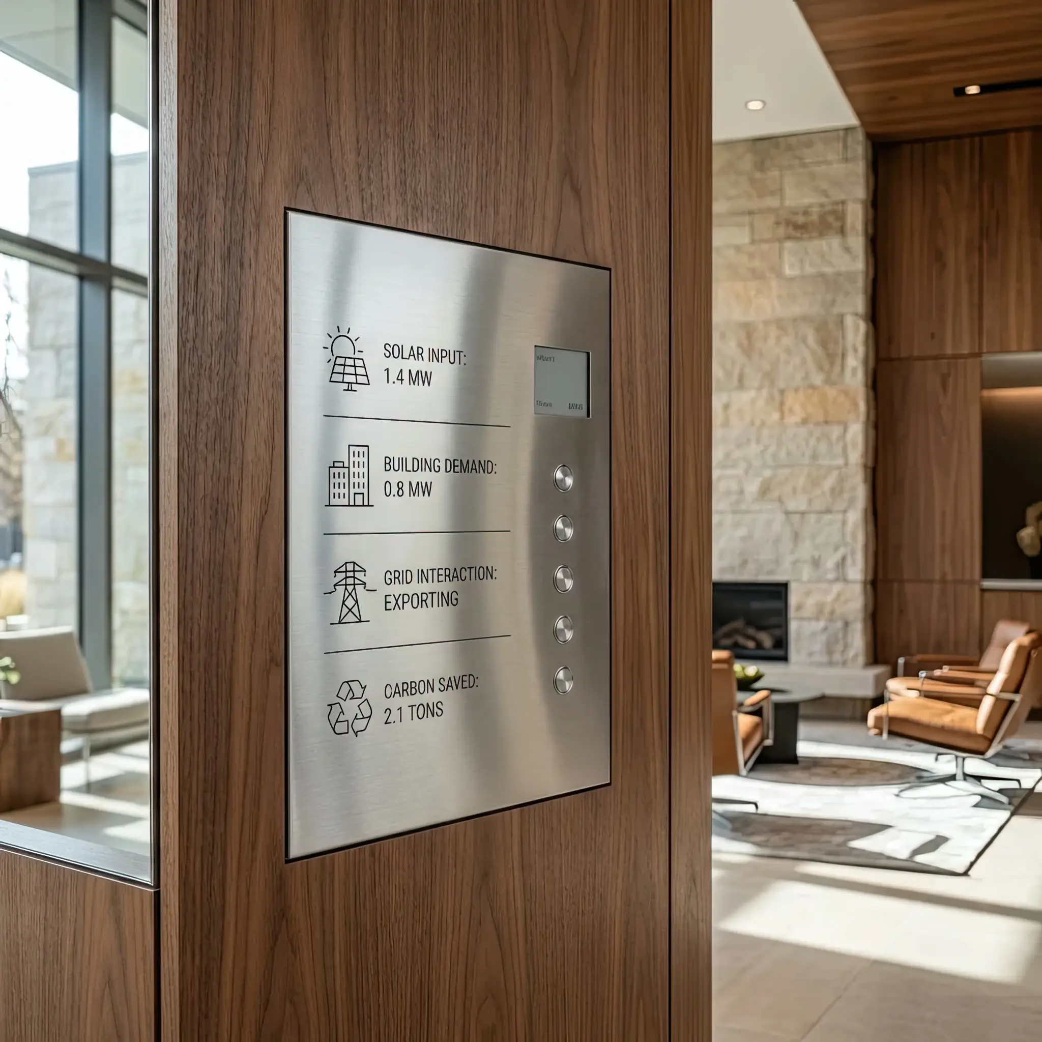 Interior detail: Schematic representation of energy beams directed from a ceiling module to gadgets in a lobby