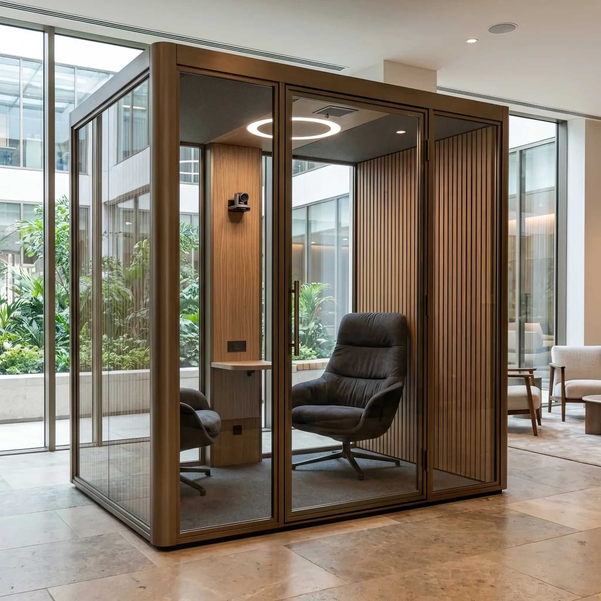 Архитектура и дизайн: Элегантные акустические кабины для видеоконференций, интегрированные в концептуальное пространство вестибюль